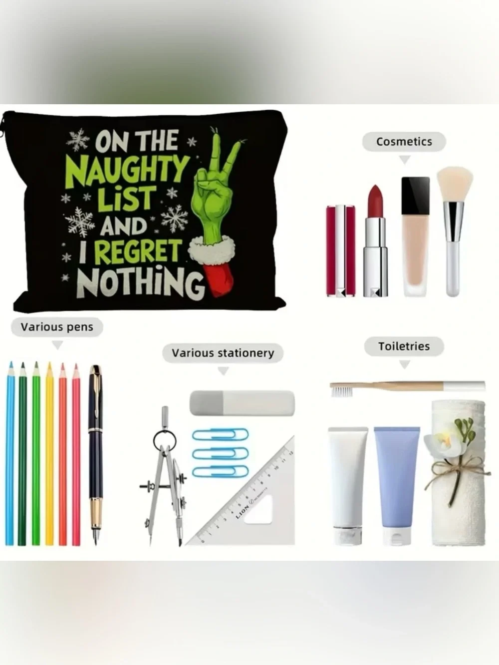 Funny Christmas Cosmetic Bag Naughty List I Regret Nothing Grinch Inspired